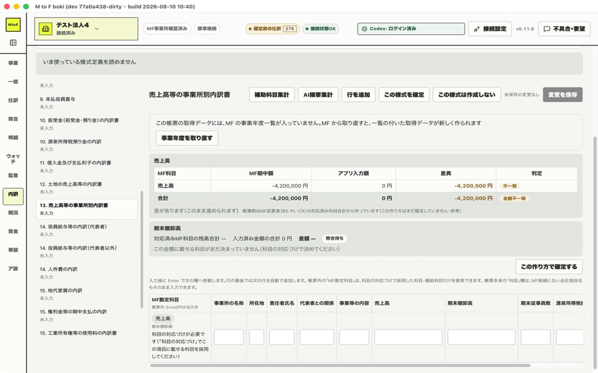 M to F boki の勘定科目内訳明細書の画面。左に様式の一覧、右に選択した様式の行と、補助科目集計・AI摘要集計・確定のボタンが並ぶ。